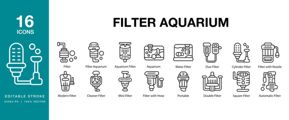 Filter Aquarium icon set. Includes aquarium, water, filter, fish, freshwater and More. Editable Stroke Icon Collection.