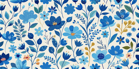 Seamless vector pattern of ornate blue flowers, leaves, and vintage botanical elements for a decorative fabric design