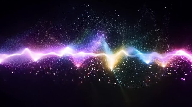 Abstract single glowing string of multicolored light black background, smooth energy tiny sparkling particles radiating heartbeat glow, cinematic minimal 4K seamless loop