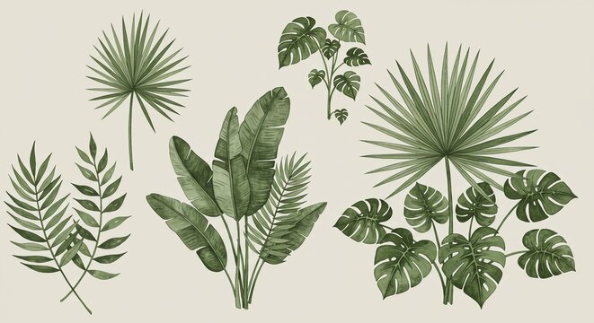 Vibrant watercolor collection of tropical palm leaves and monstera creating a lush botanical jungle aesthetic, perfect for naturalistic designs.