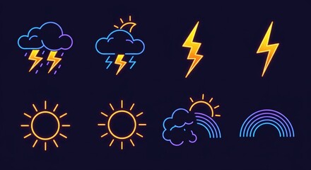 Dynamic neon weather icons capturing storms, sunshine, and rainbows create vibrant, modern forecast visuals with striking electric energy