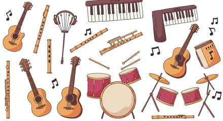 Vibrant collection of musical instruments including guitars, flutes, keyboards, and drums, creating a playful and artistic melody for creative projects.