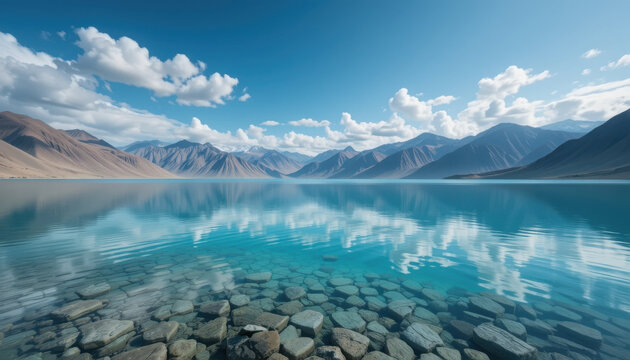The crystal-clear turquoise water of the lake mirrors the sky and fluffy clouds, with rugged mountains in the background.