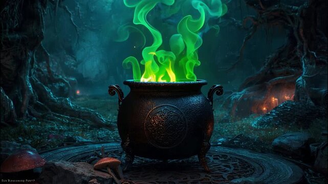 Dark Fantasy Witch Cauldron &ndash; Black Ornate Cauldron with Glowing Vibrant Green Magical Flames, Surrounded by an Enchanted Forest with Twisted Roots, Mushrooms, and Flickering Candlelight, Mystical and