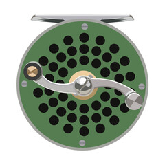 Fly fishing reel with green spool and black holes