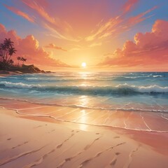 Obraz premium Golden Sunset on Tropical Beach with Palm Silhouettes and Footprints