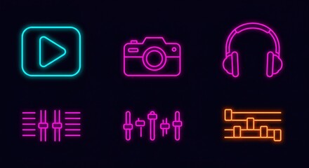 Vibrant neon icons for digital media creation and editing, perfect for tech, music, and creative professionals seeking modern visual elements.