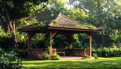 Tranquil Wooden Gazebo Amidst Lush Greenery