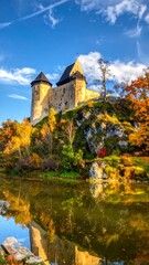 A magnificent stone castle perched atop a rocky hill, reflected serenely in a tranquil autumnal lake.