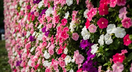 Fototapeta premium Vibrant Wall of Blooming Flowers in Pink White and Purple Colors for Background