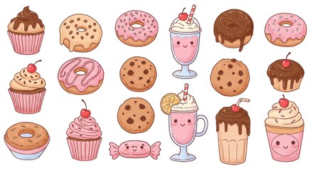 Adorable kawaii treats including cupcakes, donuts, cookies, milkshakes and candy bring sweet delight and playful charm to any project, perfect for children's themes.