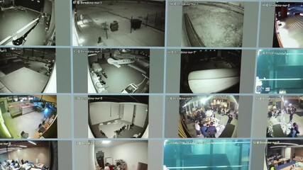 Security monitor wall displaying surveillance footage from diverse settings, urban street, aircraft hangar, vacant room, conference space, swimming pool, corporate office