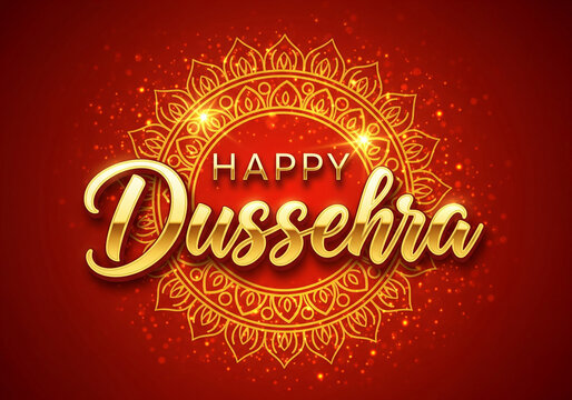 Happy Dussehra" greeting with 3D golden typography with a sparkling glitter effect on a red mandala background."