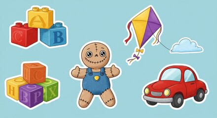 Adorable collection of colorful children's toys including building blocks, a stuffed doll, a kite flying near a cloud, and a classic red toy car for endless creative play and learning fun.