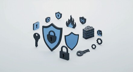 Secure your digital world with robust cybersecurity icons like shields, locks, keys, and firewalls symbolizing data protection and network defense.