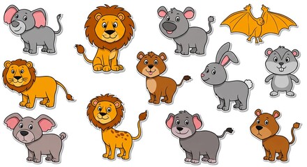 Delightful collection of charming cartoon animals including lions, elephants, rabbits, bats, mice, and hamsters, perfect for children's projects and educational content.