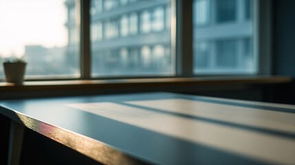 productive. Minimalist office desk bathed in morning sunlight, emphasizing a clean and productive workspace. lifestyle magazines.