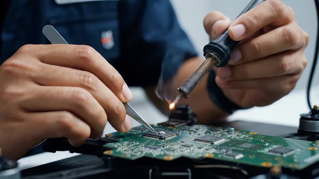 Hands skillfully solder delicate electronic parts in a bright workshop. Close-up reveals sparks flying, showcasing precision and focus. The atmosphere is vibrant, and creativity is in the air.