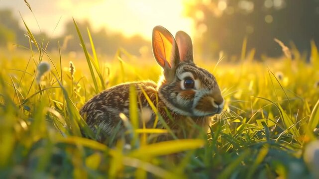 Rabbit Sitting in a Sunny Meadow, Wildlife Scene