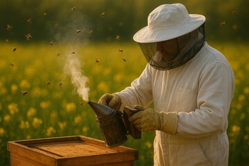beekeeper in white suit using a traditional smoker to calm bees around a hive in a yellow flower field.