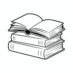 Stack of books illustration in black and white line art for educational resources and reading promotion projects