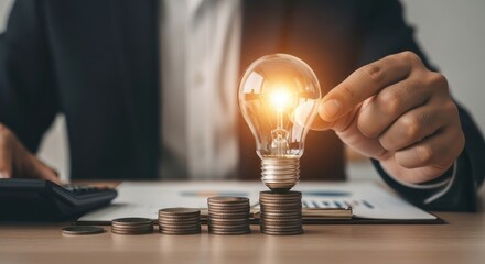 Businessman holding light bulb on stack of coins for creative business idea concept