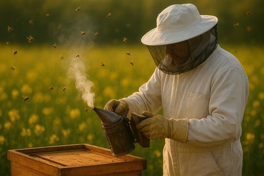 beekeeper in white suit using a traditional smoker to calm bees around a hive in a yellow flower field.	

