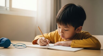 Young boy writing in notebook at desk, focused on schoolwork and education