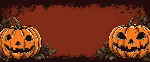 Spooky Halloween pumpkins with carved faces and dark leaves create a festive autumn design for holiday celebrations