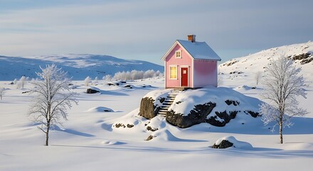 Naklejka premium Charming Pink House in a Vast Snowy Winter Landscape with Blue Sky
