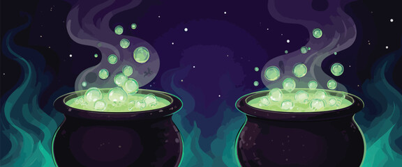 Mysterious bubbling witch's cauldrons with glowing potion and ethereal steam against a dark night sky for Halloween