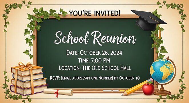School reunion invitation with chalkboard and academic decor
