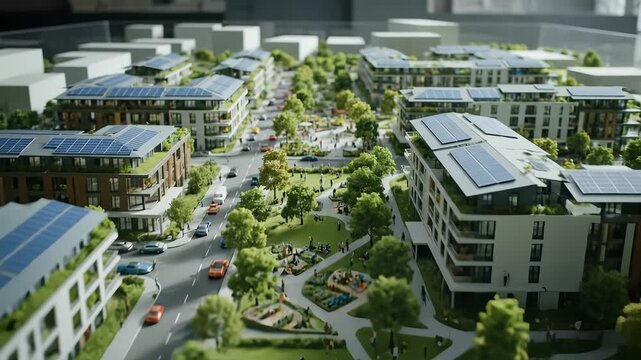 Explore a beautifully crafted scale model of a sustainable city, showcasing solar energy, green spaces, and community life during a sunny day, all designed for a better future.