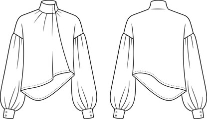 Technical fashion vector illustration of women’s blouse with high gathered neckline, voluminous sleeves, asymmetrical hem, garment construction and stitching details