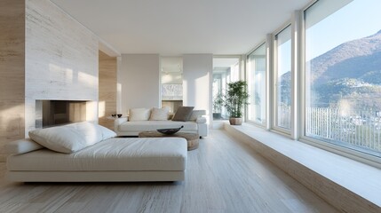 Obraz premium residential. Modern living room showcasing minimalist design with clean lines and soft natural light from large windows. lifestyle magazines.