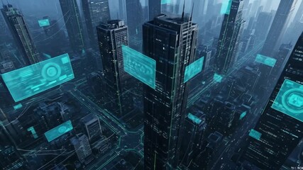 Futuristic cityscape Highrise buildings linked by neongreen data streams  overlaid blue digital screens Urban tech - Powered by Adobe