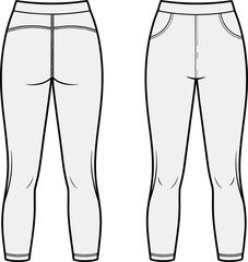 Technical fashion vector illustration of slim‑fit pants with yoke, belt loops, button and zipper fly, pockets, garment construction and stitching details