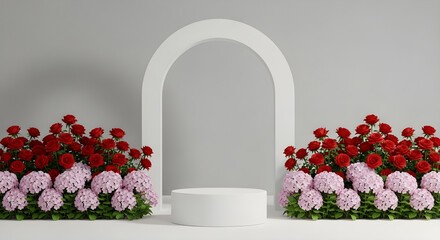 White Podium with Arch and Pink and Red Flowers for Product Showcase