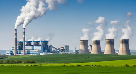 Coal-Fired Power Plant with Cooling Towers and Smoking Chimneys in a Green Field
