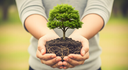 Hands Cupping a Young Tree with Soil: A Symbol of Growth and Conservation
