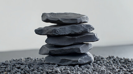 Asymmetrical stack of differently sized dark stones over natural gravel, clean soft-gray background emphasizing the stone form,