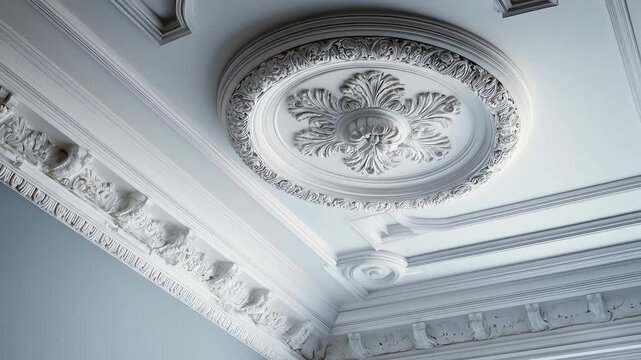 Ornate White Ceiling Medallion Decorative Crown Molding Architectural Interior Design Element