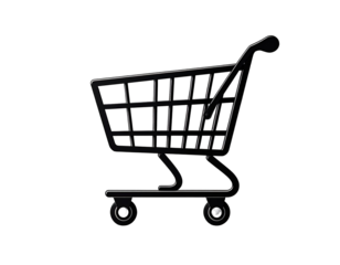 Black shopping cart graphic, side view, minimalist style