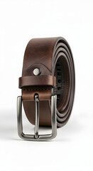 Classic Men's Brown Leather Belt with a Silver Buckle on a White Background