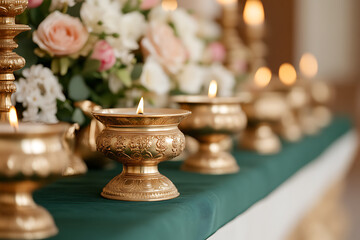 Row of elegant golden candle holders with flickering flames, adorned with flowers in the background. Serene and sophisticated setting.