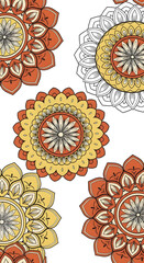 Colorful Mandalas in a Repeating Pattern on a White Background
