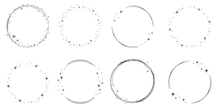 Sparkle star circle frame set. Wreath ring stardust border for party, birthday decor design. Laurel frame with cosmic glitter shine. Isolated black flat vector illustration

