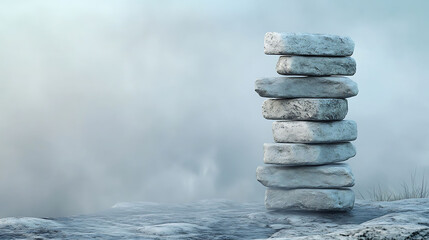 Light gray river stones stacked in a tall tower against a foggy background with hints of morning blue tones,