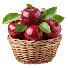 Fresh Red Apples in a Natural Woven Basket with Green Leaves