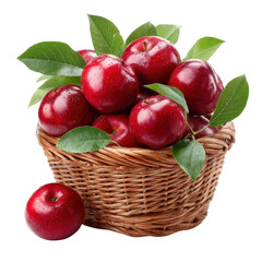 Fresh Red Apples in a Rustic Basket Surrounded by Green Leaves